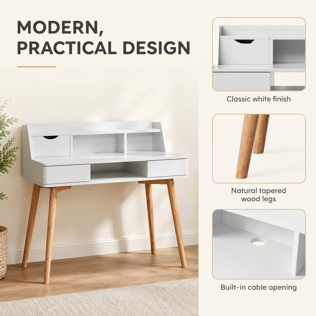 Teamson Writing Desk with Hutch, 2 Drawers, Flip Drawer, Cubbies, Cable Opening, White MDF & Natural Wood Legs, Compact Home Office Study Desk with Storage, Creativo Collection for Small Apartments