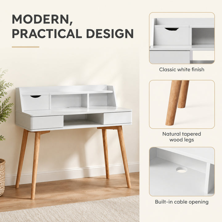 Teamson Writing Desk with Hutch, 2 Drawers, Flip Drawer, Cubbies, Cable Opening, White MDF & Natural Wood Legs, Compact Home Office Study Desk with Storage, Creativo Collection for Small Apartments