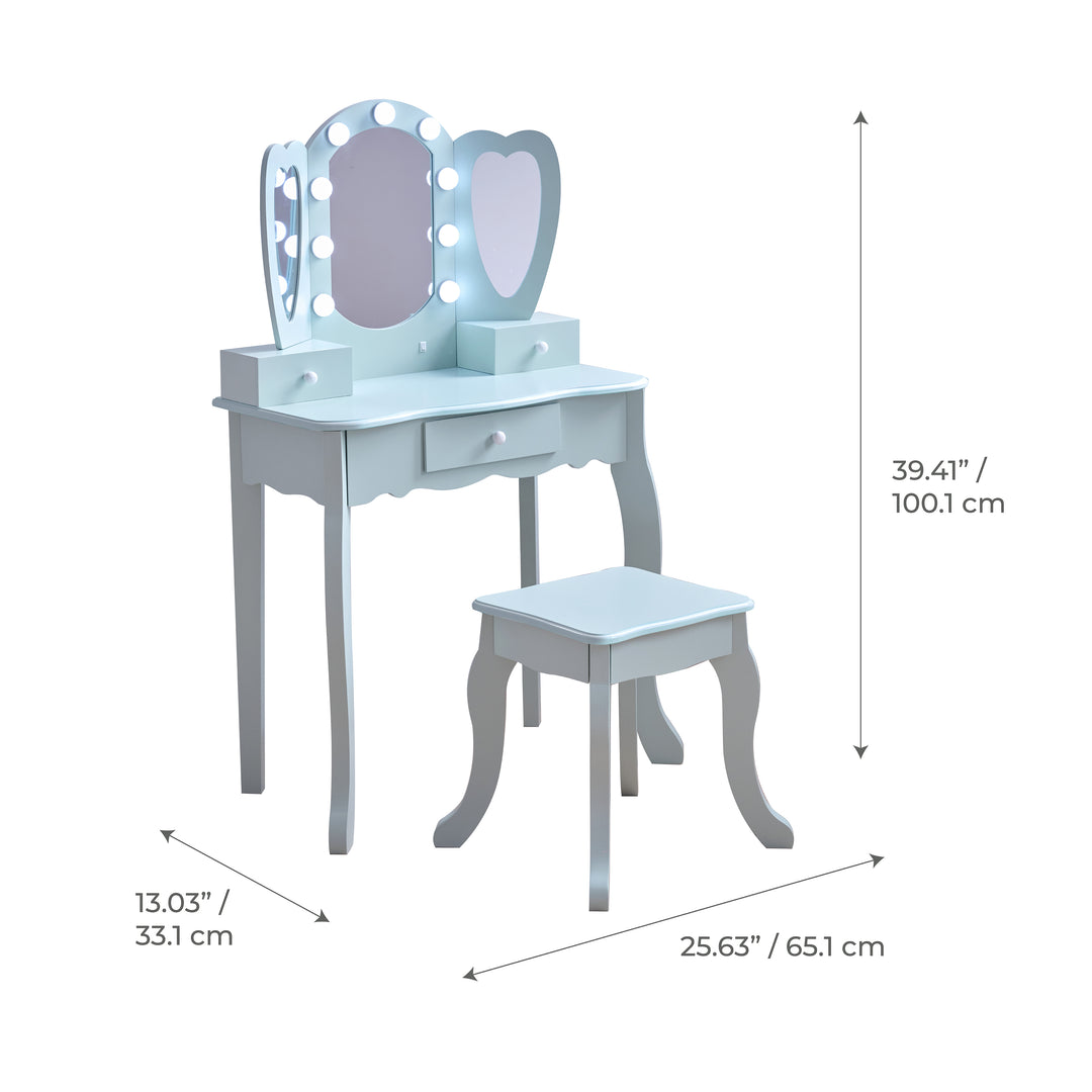 Kids Vanity with LED Lights, Blue - Heart Glow Play Vanity Set by Teamson Kids