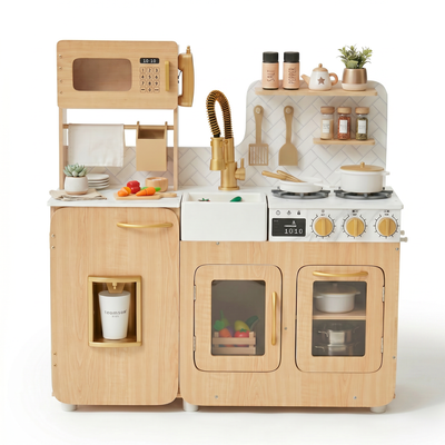 Teamson Kids Little Chef Cyprus Play Kitchen Set for Toddlers with 14 Accessories, Wooden Toy Cooking Playset for Kids Ages 1-8, Montessori Cooking Station, Light Oak/White Pretend Kitchen