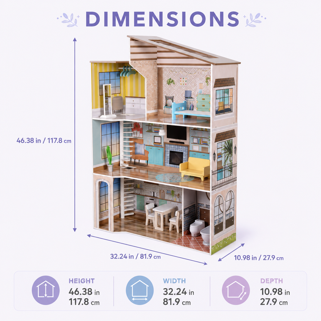 Teamson Kids Dreamland Mediterranean 3-Story Wooden Dollhouse with 5 Illustrated Rooms, Skylight, Spiral Stairs, 17-Piece Set, Working Lamp, Toilet Sound, Fits 12-Inch Dolls, Ages 3+