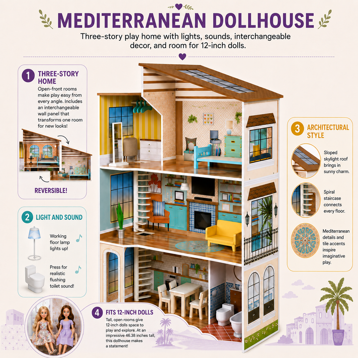 Teamson Kids Dreamland Mediterranean 3-Story Wooden Dollhouse with 5 Illustrated Rooms, Skylight, Spiral Stairs, 17-Piece Set, Working Lamp, Toilet Sound, Fits 12-Inch Dolls, Ages 3+