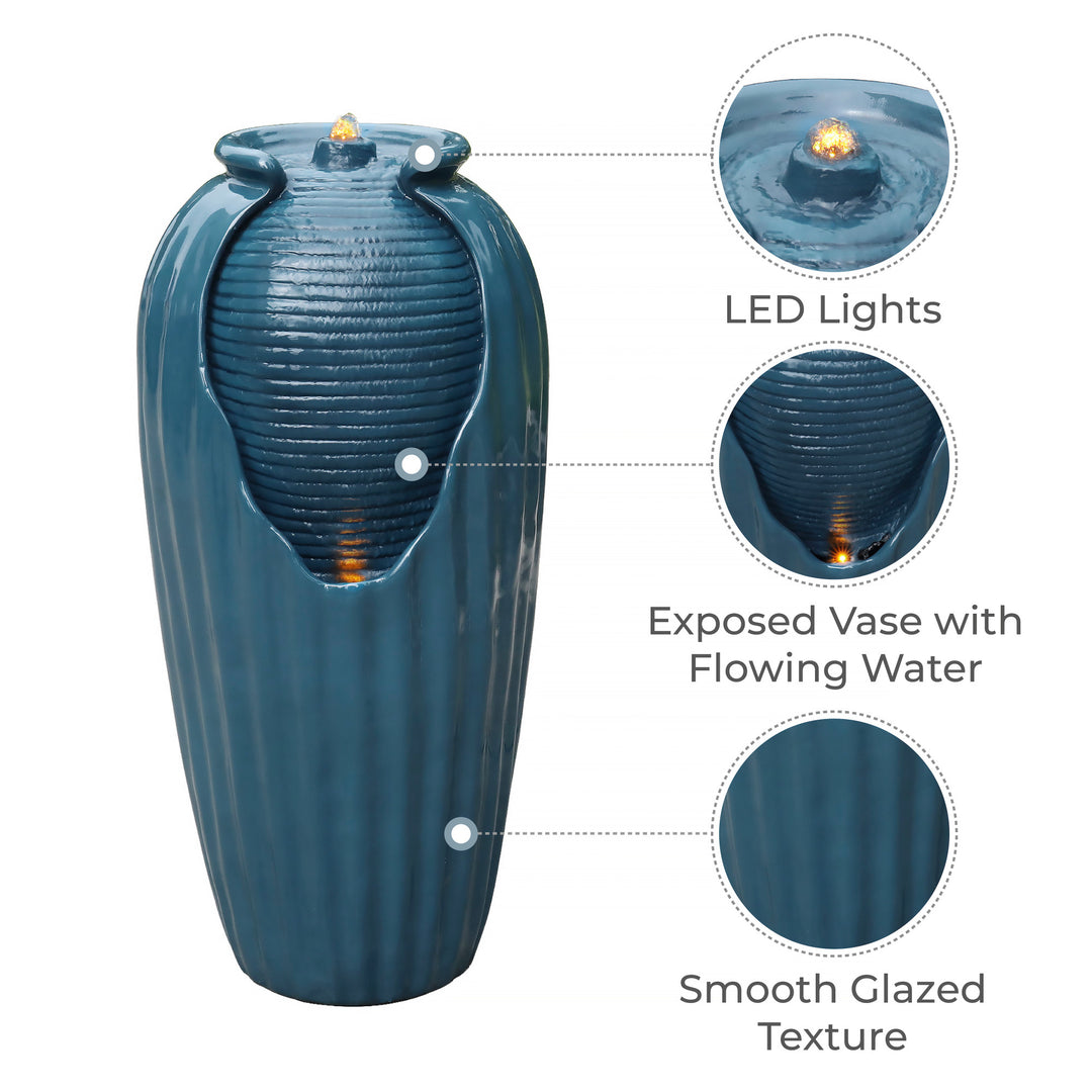 Infographic with callouts for LED lights, exposed vase with flowing water, and smooth glazed texture