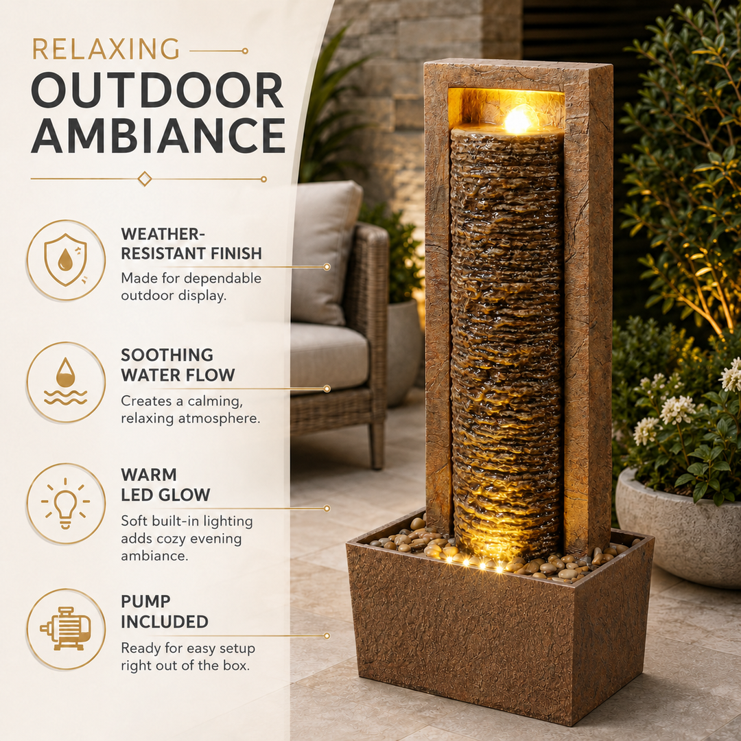 Teamson Home Framed Layered Rock Design Patio Water Fountain–Warm Glow Lighting with Steady Flow & Electric Pump, Brown