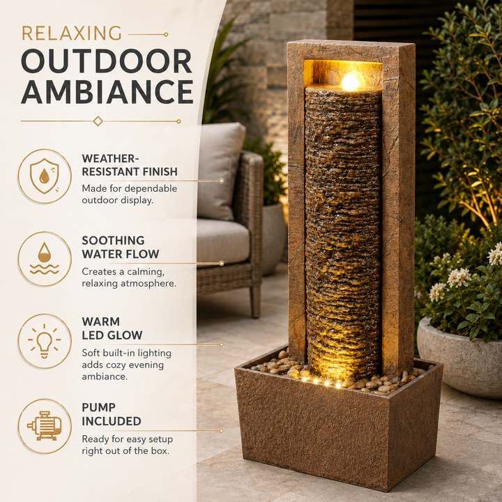 Teamson Home Framed Layered Rock Design Patio Water Fountain–Warm Glow Lighting with Steady Flow & Electric Pump, Brown