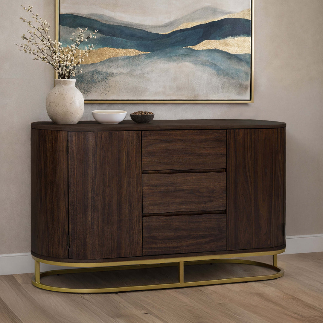 Seneca 55” W Walnut Veneer Sideboard with Spacious Storage and Brass Gold Metal Base by Teamson Home