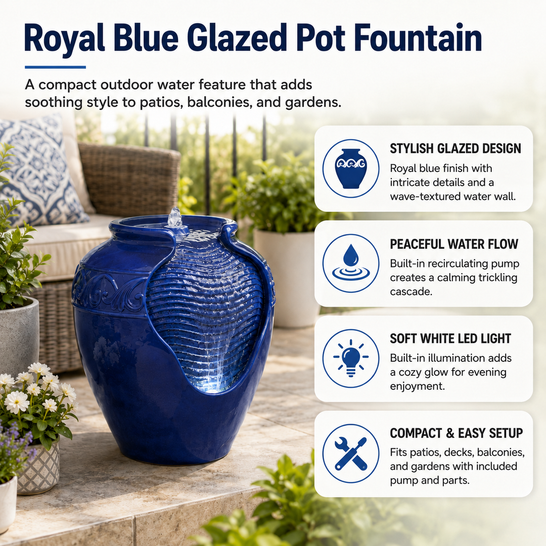 Teamson Home Outdoor Glazed Pot Fountain with LED Lights, Blue