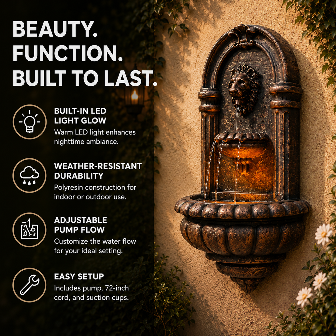Teamson Home 32.09" Tiered Lion Head Stone LED Outdoor Water Fountain, Bronze