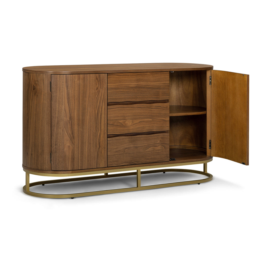 Seneca 55” W Walnut Veneer Sideboard with Spacious Storage and Brass Gold Metal Base by Teamson Home