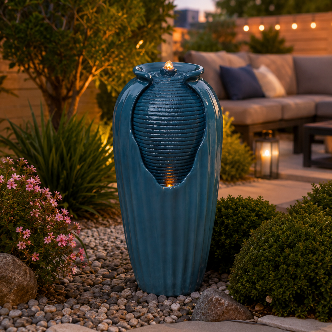 Teamson Home 32.01" Outdoor LED Modern Vase Water Fountain with LED, Teal Blue