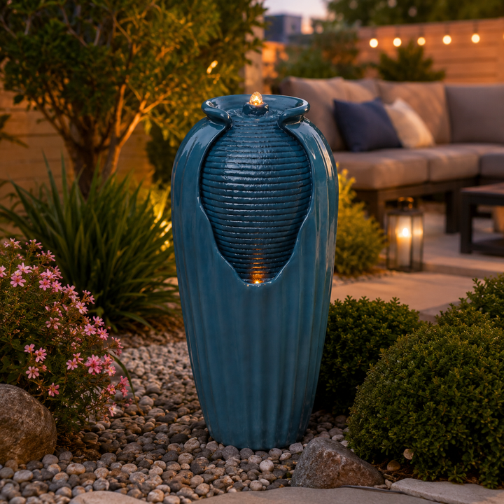 Teamson Home 32.01" Outdoor LED Modern Vase Water Fountain with LED, Teal Blue