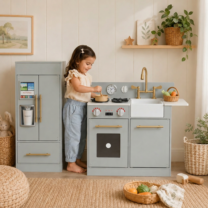 Teamson Kids Little Chef Charlotte Modular Play Kitchen Set with Realistic Stove, Sink, and Refrigerator, Kids Kitchen Playset for Toddlers Ages 3–7, Toy Cooking Set, Gray/Gold