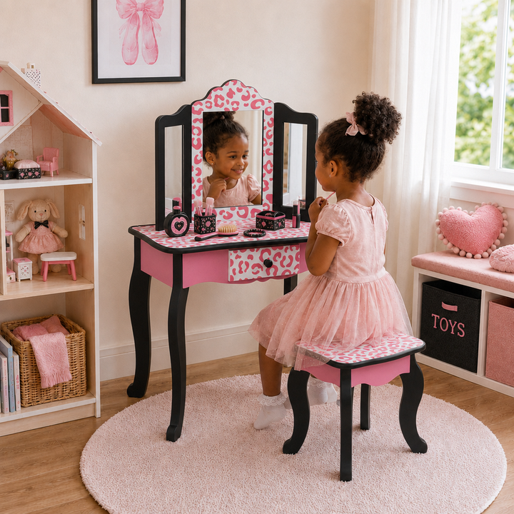Teamson Kids Gisele Leopard Print Wooden Play Vanity Set with Tri-Fold Mirror, Storage Drawer, Matching Stool, Kids Makeup Table and Chair for Dress-Up Pretend Play, Ages 3+, Pink & Black