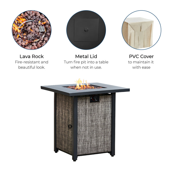 Teamson Home 27.95" Outdoor Metal & Textliene Propane Gas Fire Pit Table and Accessories, Brown/Beige