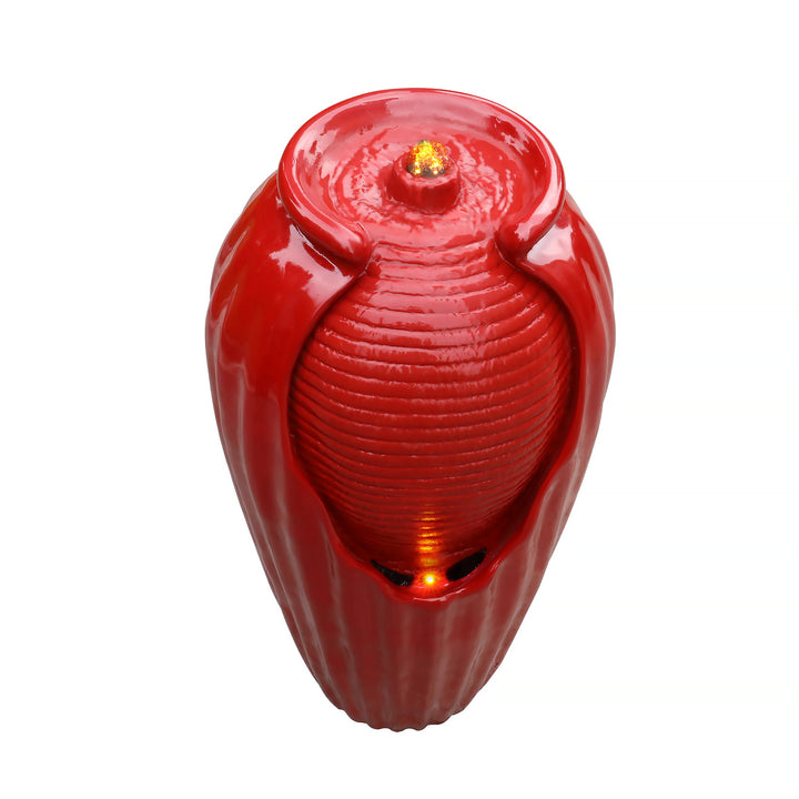 Teamson Home 32'' Glazed Red Outdoor Water Fountain - Outdoor Décor Freestanding Floor Feature with Built-In LED Light, Glossy Red