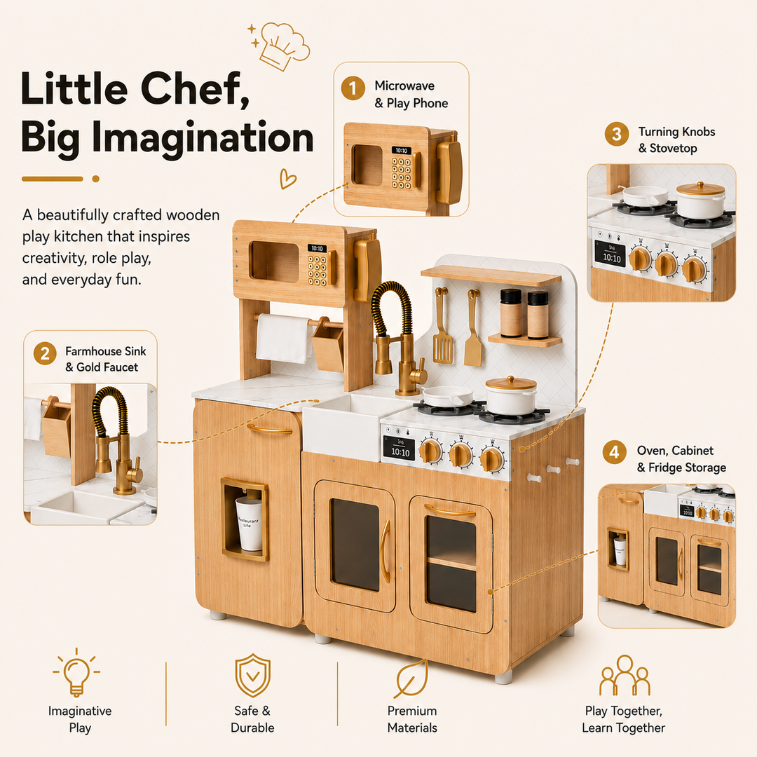 Teamson Kids Little Chef Cyprus Play Kitchen Set for Toddlers with 14 Accessories, Wooden Toy Cooking Playset for Kids Ages 1-8, Montessori Cooking Station, Light Oak/White Pretend Kitchen