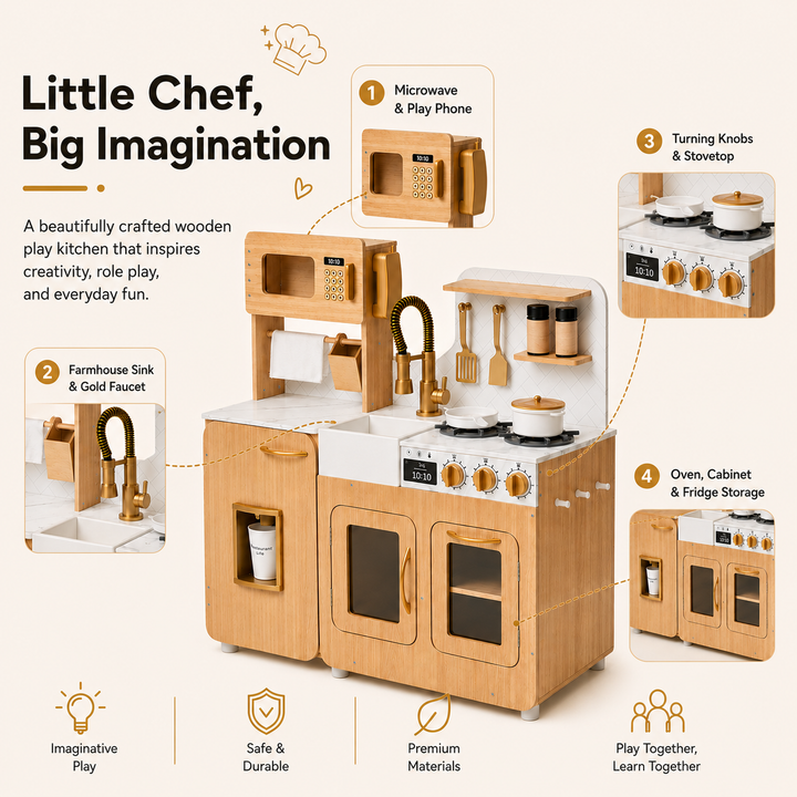 Teamson Kids Little Chef Cyprus Play Kitchen Set for Toddlers with 14 Accessories, Wooden Toy Cooking Playset for Kids Ages 1-8, Montessori Cooking Station, Light Oak/White Pretend Kitchen