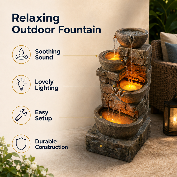 Teamson Home 33.27" Cascading Bowls & Stacked Stones LED Water Fountain, Brown