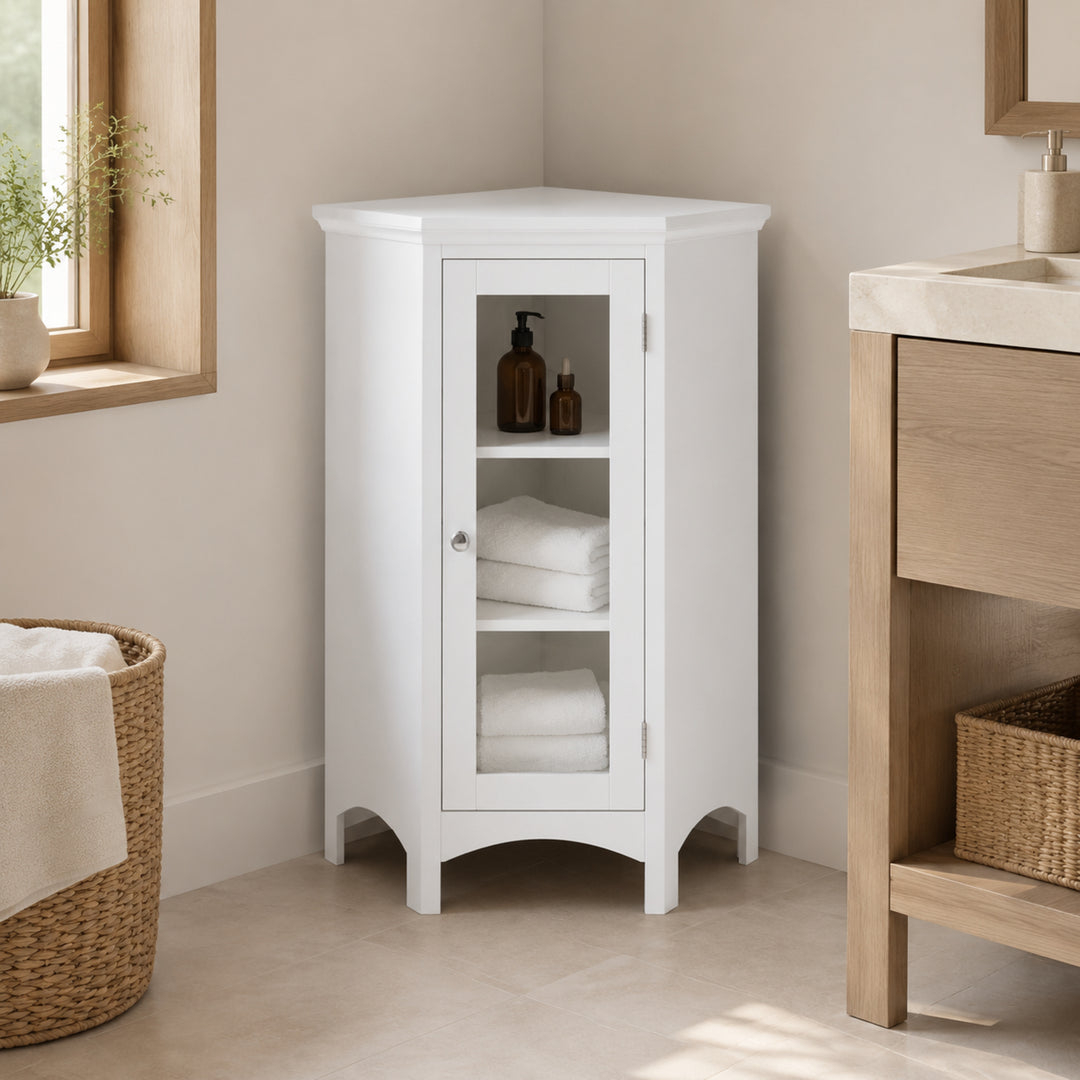 Teamson Home Madison Corner Floor Cabinet with 2 Adjustable Shelves, Glass Door, White Engineered Wood, 32in Freestanding Bathroom Storage for Small Spaces, Living Room, Bedroom or Entryway