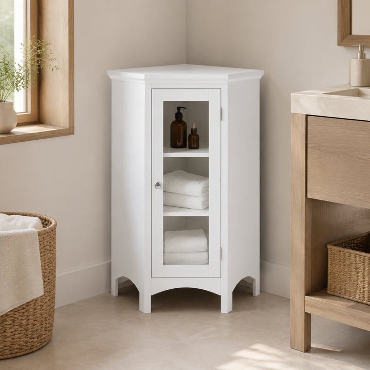 Teamson Home Madison Corner Floor Cabinet with 2 Adjustable Shelves, Glass Door, White Engineered Wood, 32in Freestanding Bathroom Storage for Small Spaces, Living Room, Bedroom or Entryway