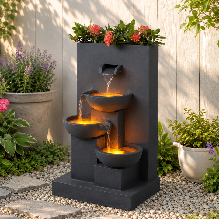 Teamson Home 29.13" Outdoor Water Fountain with Planter, LED Lights, Matte Gray