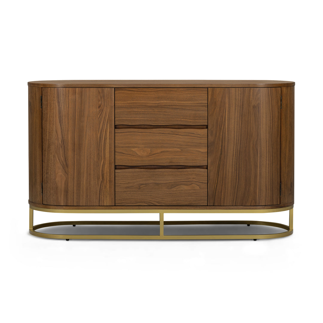 Seneca 55” W Walnut Veneer Sideboard with Spacious Storage and Brass Gold Metal Base by Teamson Home