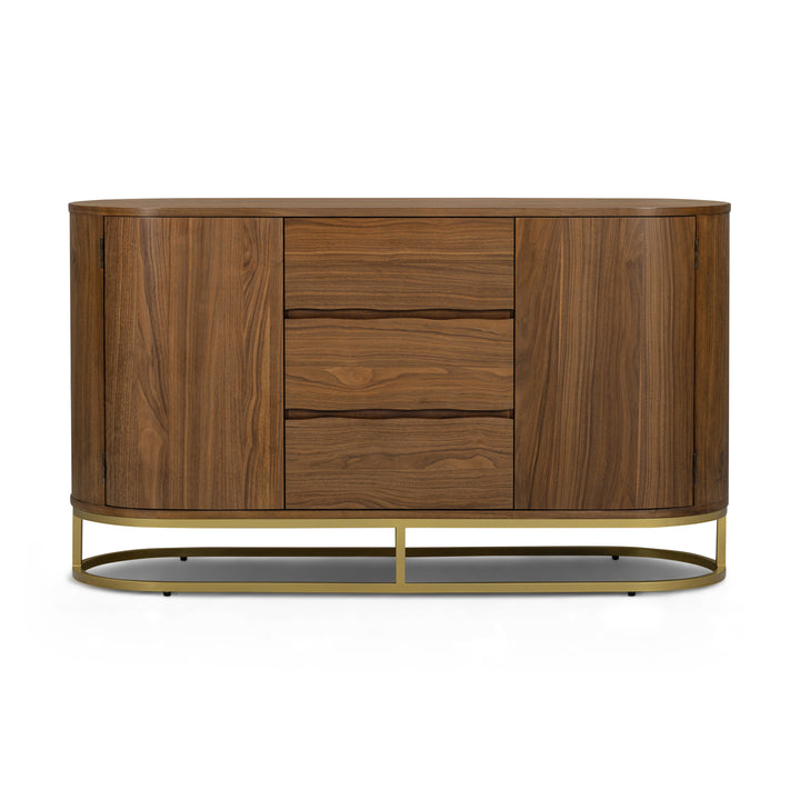 Seneca 55” W Walnut Veneer Sideboard with Spacious Storage and Brass Gold Metal Base by Teamson Home