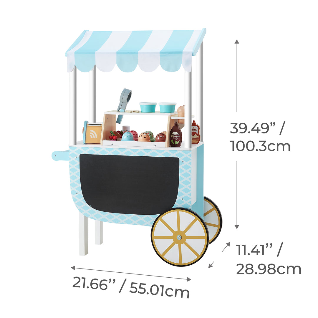 the ice cream cart and ice cream is shown, with dimensions displayed