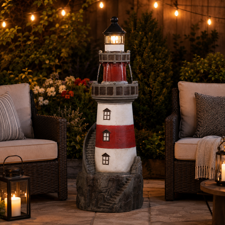 Teamson Home 38.98" Outdoor Lighthouse Solar Water Fountain, Red & White