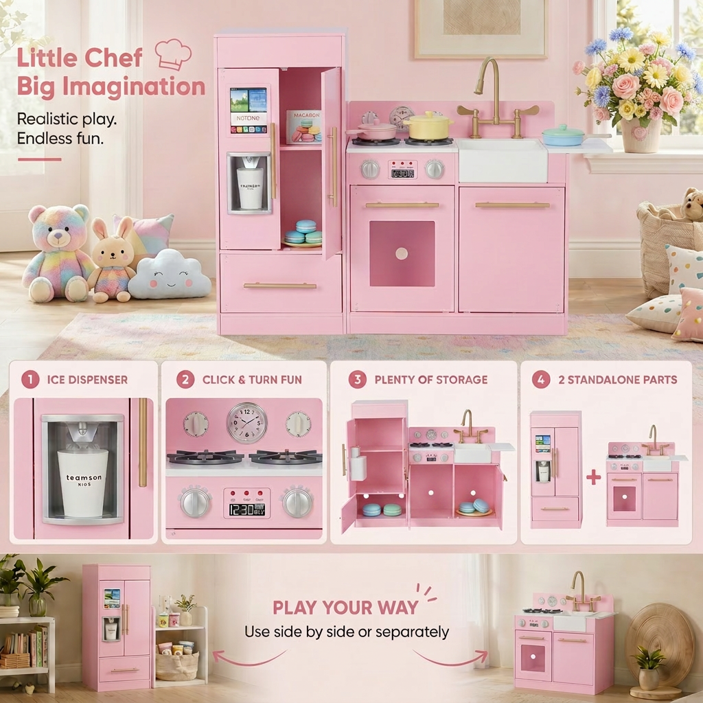 Teamson Kids Little Chef Charlotte Modular Play Kitchen Set with Realistic Stove, Sink, and Refrigerator, Kids Kitchen Playset for Toddlers Ages 3–7, Toy Cooking Set, Pink/Gold