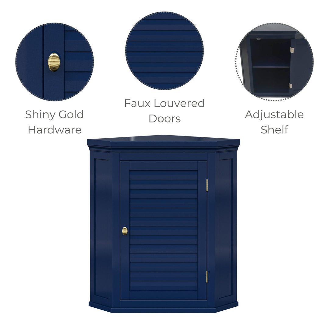 Infographic for navy blue corner wall cabinet highlighting shiny gold hardware, faux louvered door, and adjustable shelf.