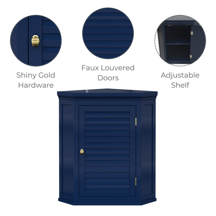 Infographic for navy blue corner wall cabinet highlighting shiny gold hardware, faux louvered door, and adjustable shelf.