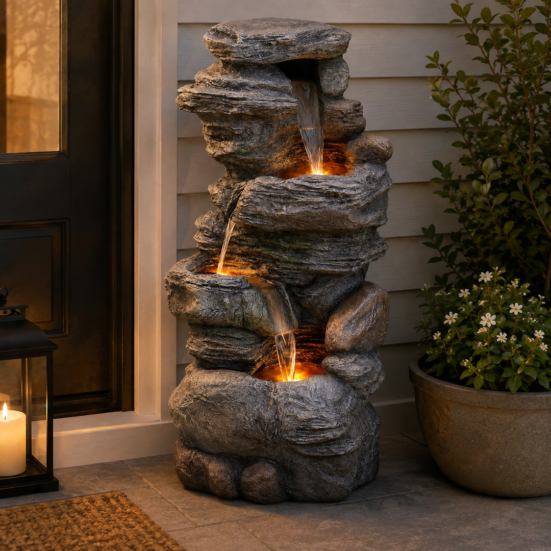 Teamson Home 39.37-Inch Tall Outdoor Water Fountain, 4-Tier Faux Stacked Stone Waterfall with 3 Warm LED Lights, Adjustable 600 L/H Pump, 6.6-Gallon Capacity, Weatherproof Polyresin, Gray
