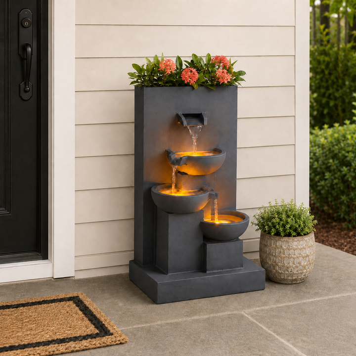 Teamson Home 29.13" Outdoor Water Fountain with Planter, LED Lights, Matte Gray