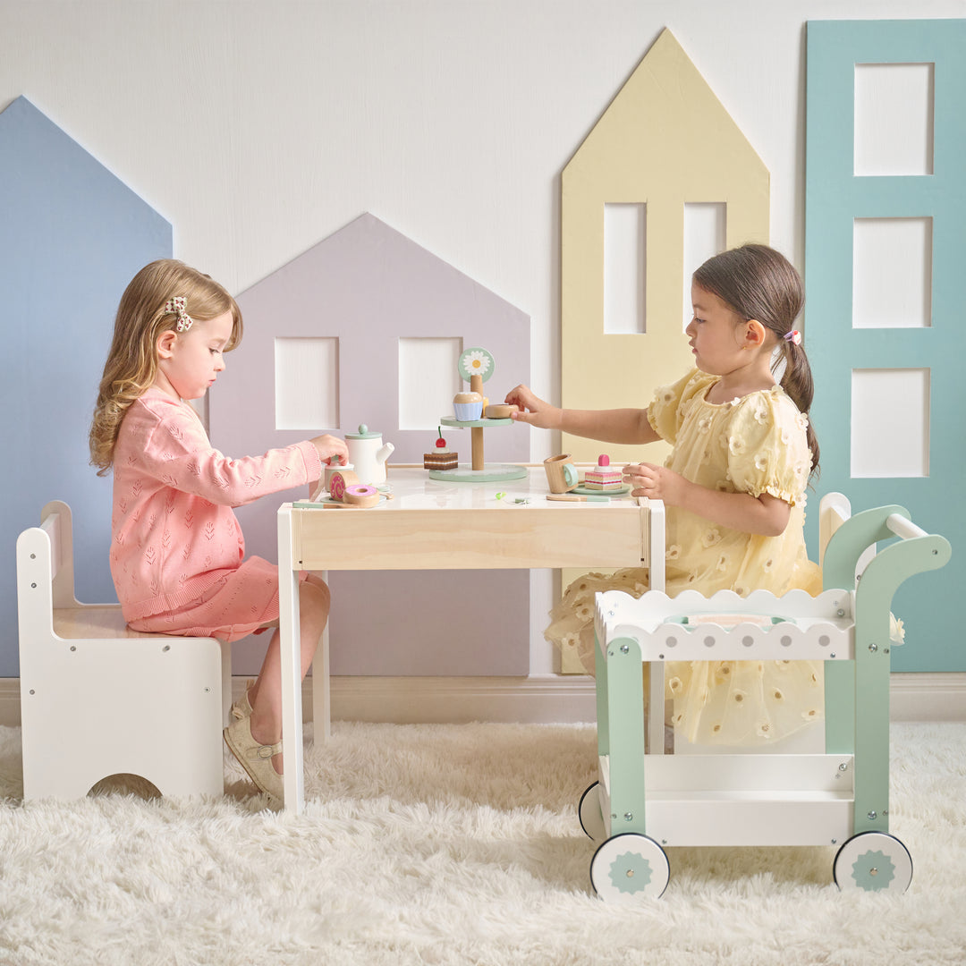 Afternoon Sip Wooden Dessert Cart with 24 Play Food Pieces for Pretend Play by Teamson Kids