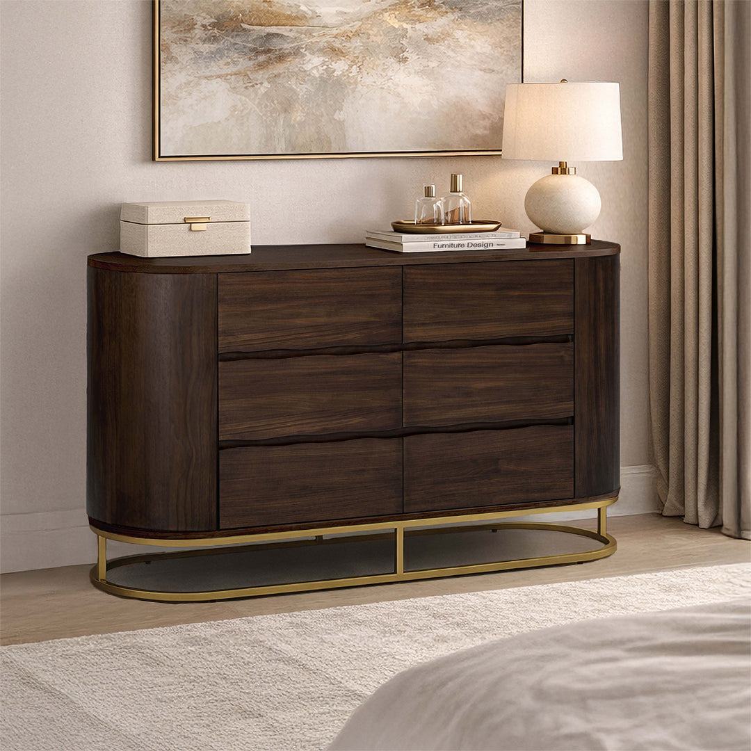 Seneca 55” W Walnut Veneer 6-Drawer Dresser Storage with Metal Base by Teamson Home