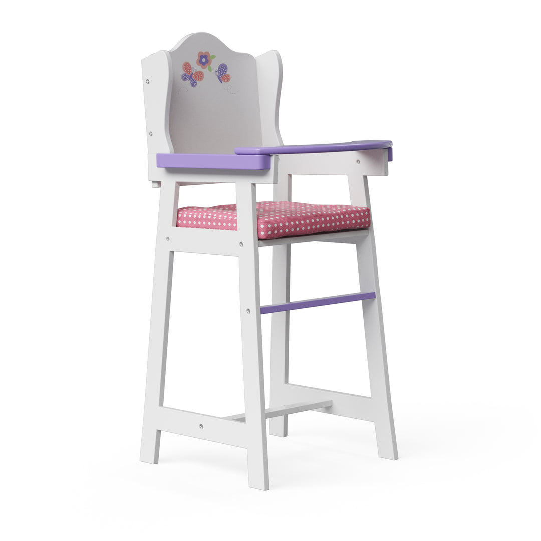 Pretend highchair for dolls, white with pink cushion and purple tray