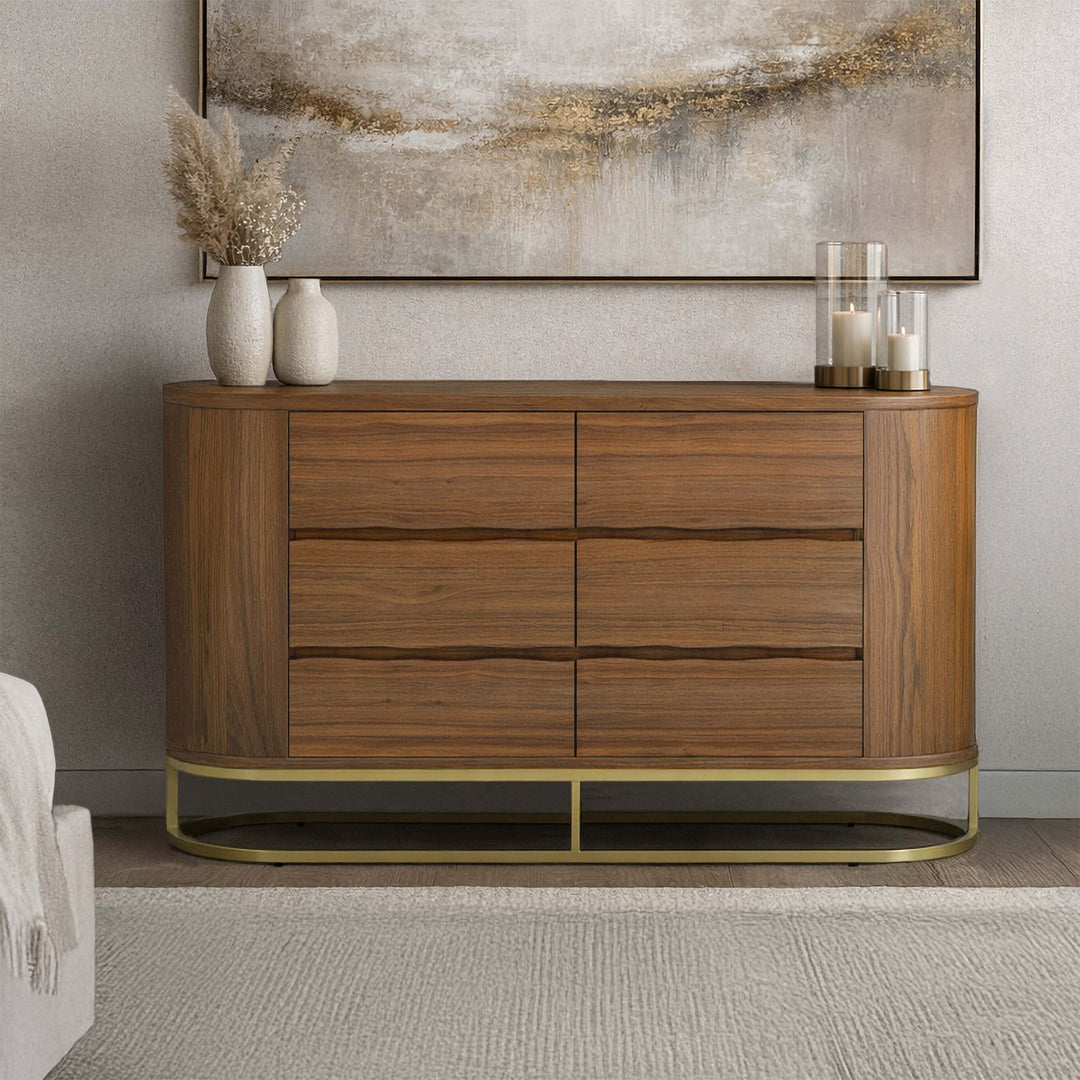 Seneca 55” W Walnut Veneer 6-Drawer Dresser Storage with Metal Base by Teamson Home