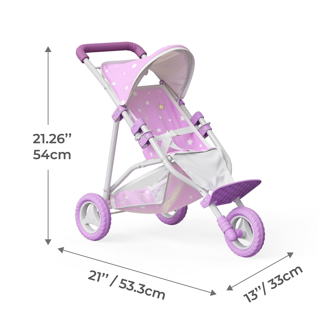 An infographic for a purple Olivia's Little World Twinkle Stars Doll Jogging Stroller measured in inches and centimeters.