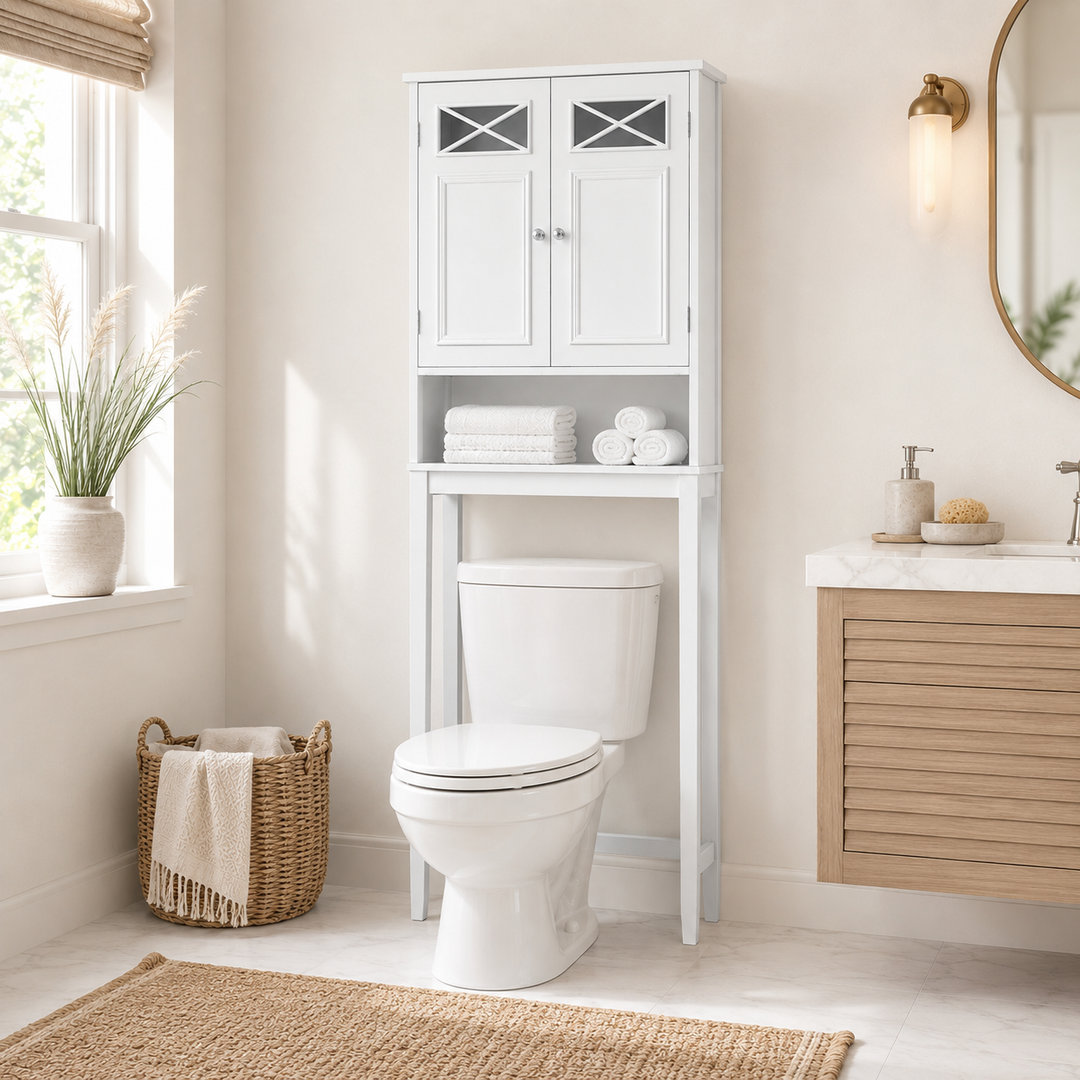 Teamson Home Dawson Two-Door Over-the-Toilet Cabinet with Decorative Glass Panels, White