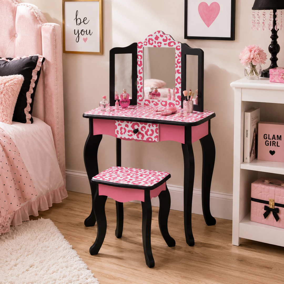 Teamson Kids Gisele Leopard Print Wooden Play Vanity Set with Tri-Fold Mirror, Storage Drawer, Matching Stool, Kids Makeup Table and Chair for Dress-Up Pretend Play, Ages 3+, Pink & Black
