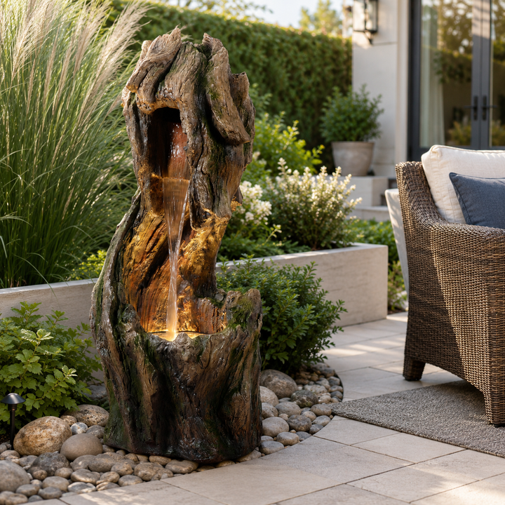 Teamson Home Forest-Inspired Cascade Water Fountain Outdoor Garden–LED Light with Built-In Electric Pump & Simple Setup, Gray