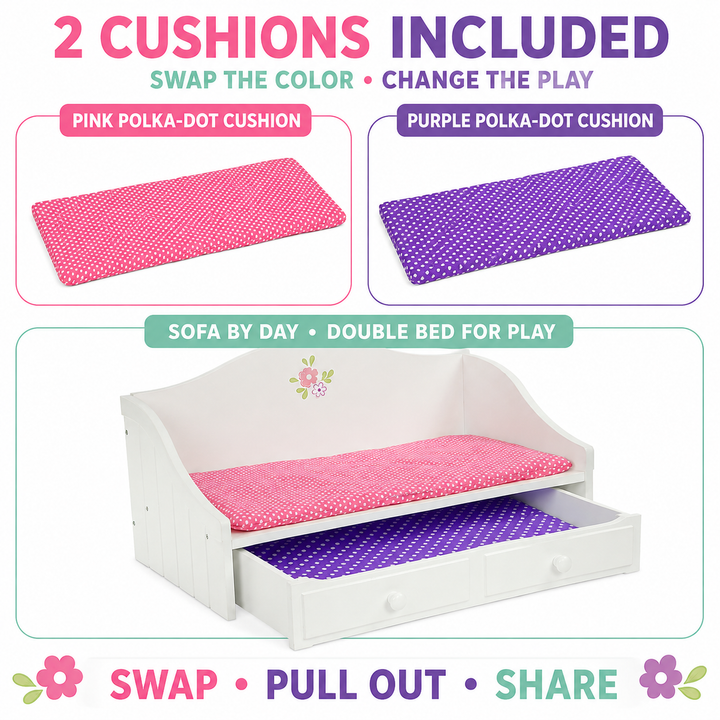Olivia's Little World Doll Trundle Bed with Pink Bedding for 18" Dolls, White Doll Furniture with 2 interchangeable cushions (White and Polka Dot) Sliding Drawer for Expandable Bed and Pretend Play