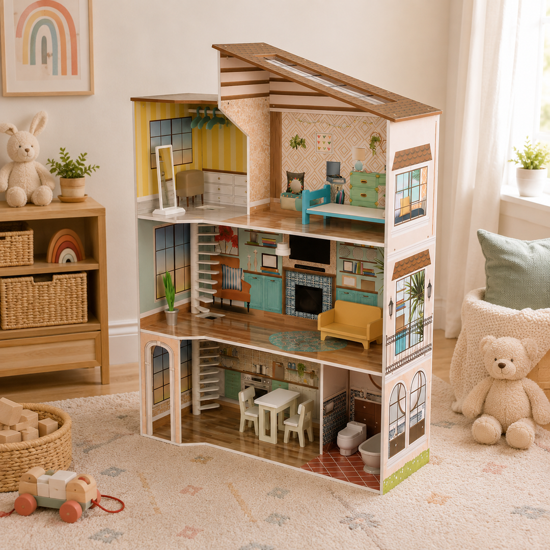 Teamson Kids Dreamland Mediterranean 3-Story Wooden Dollhouse with 5 Illustrated Rooms, Skylight, Spiral Stairs, 17-Piece Set, Working Lamp, Toilet Sound, Fits 12-Inch Dolls, Ages 3+