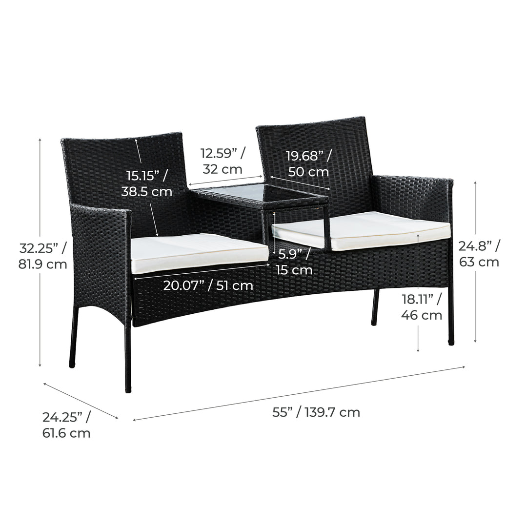 Teamson Outdoor Wicker Loveseat, 2 Seats, Built-In Glass Table, Washable Cushions, Black Rattan, UV-Resistant Steel Frame, Lower Shelf, Compact Patio Seating for Gardens, Porches, Decks & Patios