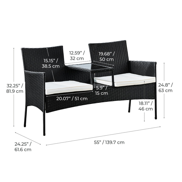 Teamson Outdoor Wicker Loveseat, 2 Seats, Built-In Glass Table, Washable Cushions, Black Rattan, UV-Resistant Steel Frame, Lower Shelf, Compact Patio Seating for Gardens, Porches, Decks & Patios