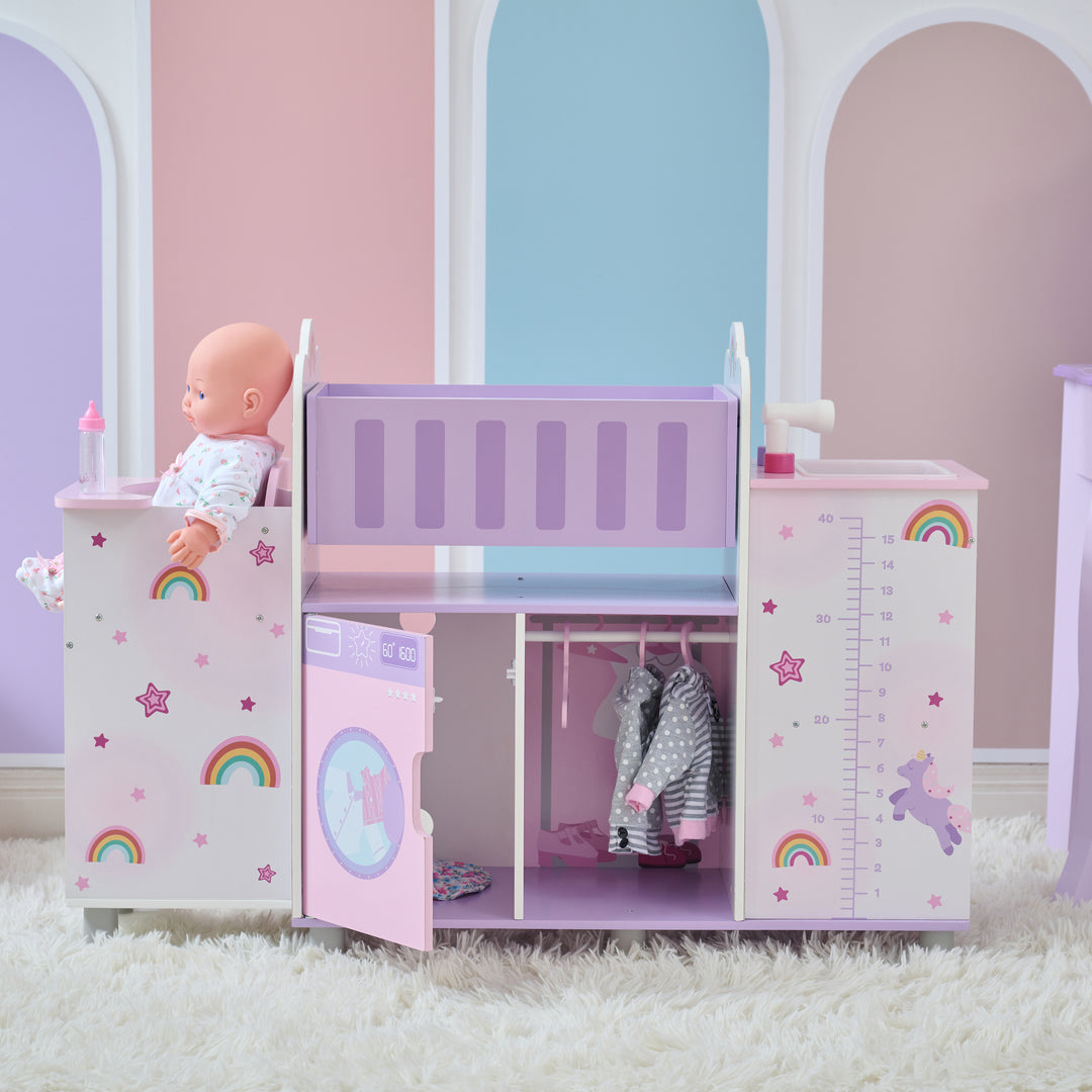 Fantasy Care Wooden 6-in-1 Baby Doll Nursery with Cradle, High Chair & Sink for Pretend Play by Olivia's Little World