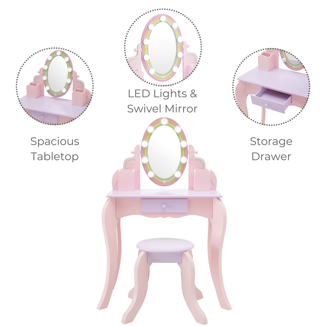a swivel mirror with LED lights are featured on the vanity for kids with a central storage drawer and large table top