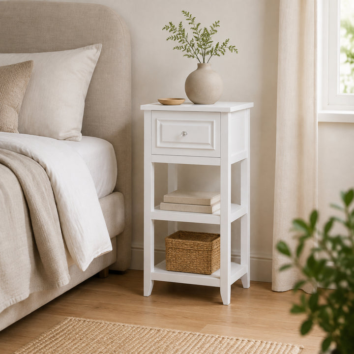 Teamson Home Dawson Freestanding Bathroom Floor Cabinet with Drawer and 2 Open Shelves, Cross Molding, White Engineered Wood, Compact Space Saving Storage Cabinet for Bathroom, Bedroom, and Hallways