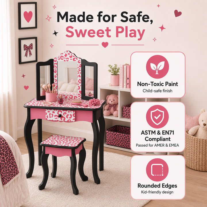 Teamson Kids Gisele Leopard Print Wooden Play Vanity Set with Tri-Fold Mirror, Storage Drawer, Matching Stool, Kids Makeup Table and Chair for Dress-Up Pretend Play, Ages 3+, Pink & Black
